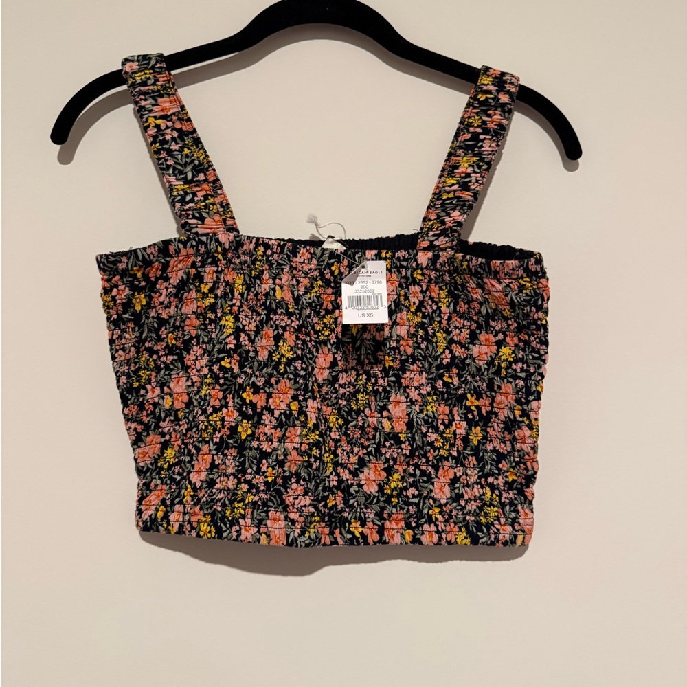 American Eagle Black Floral Print Women's Smocked Crop Top NWT Size XS